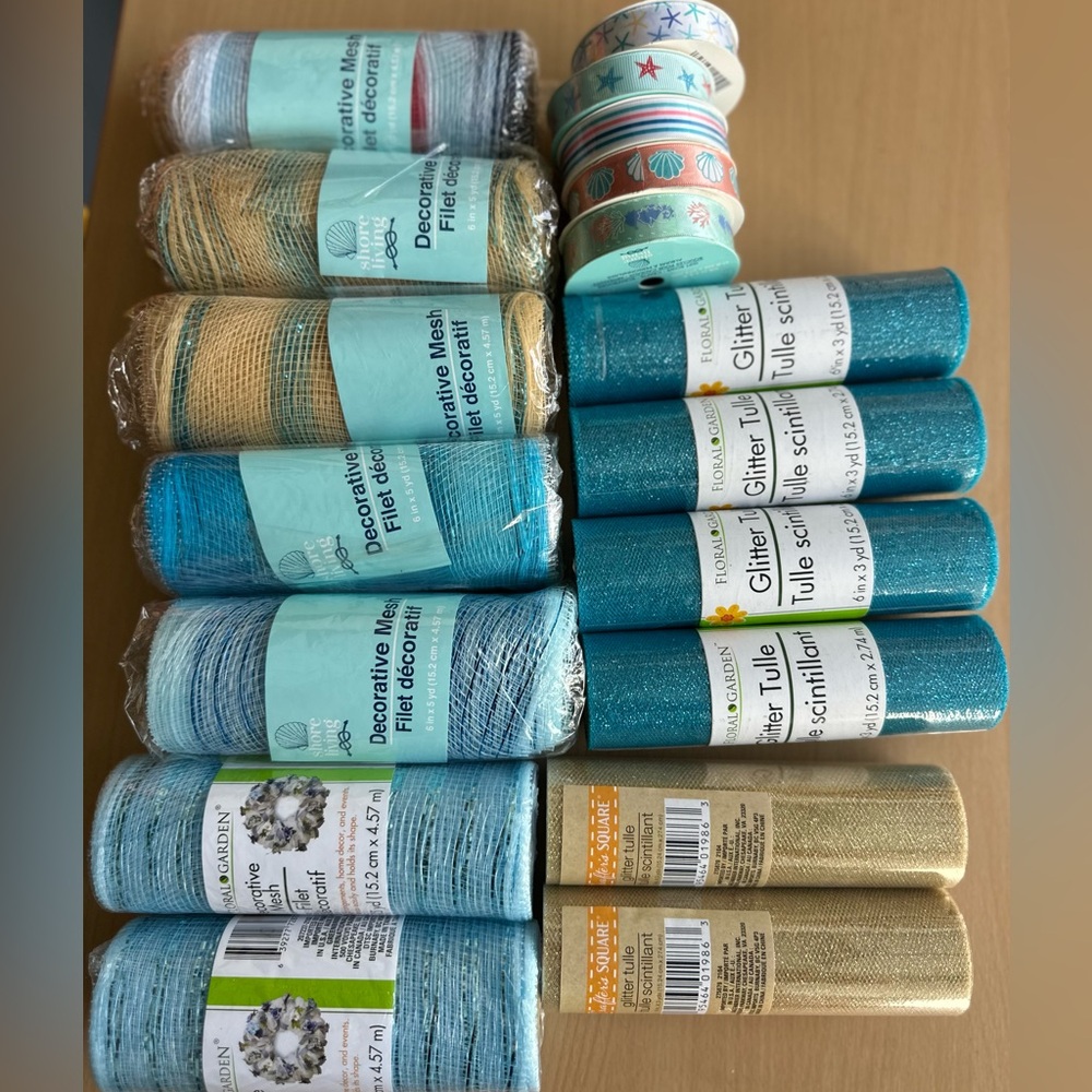 Nautical Decorative Mesh & Ribbon Set for DIY Wreath Supplies Blue & Gold 18 Set